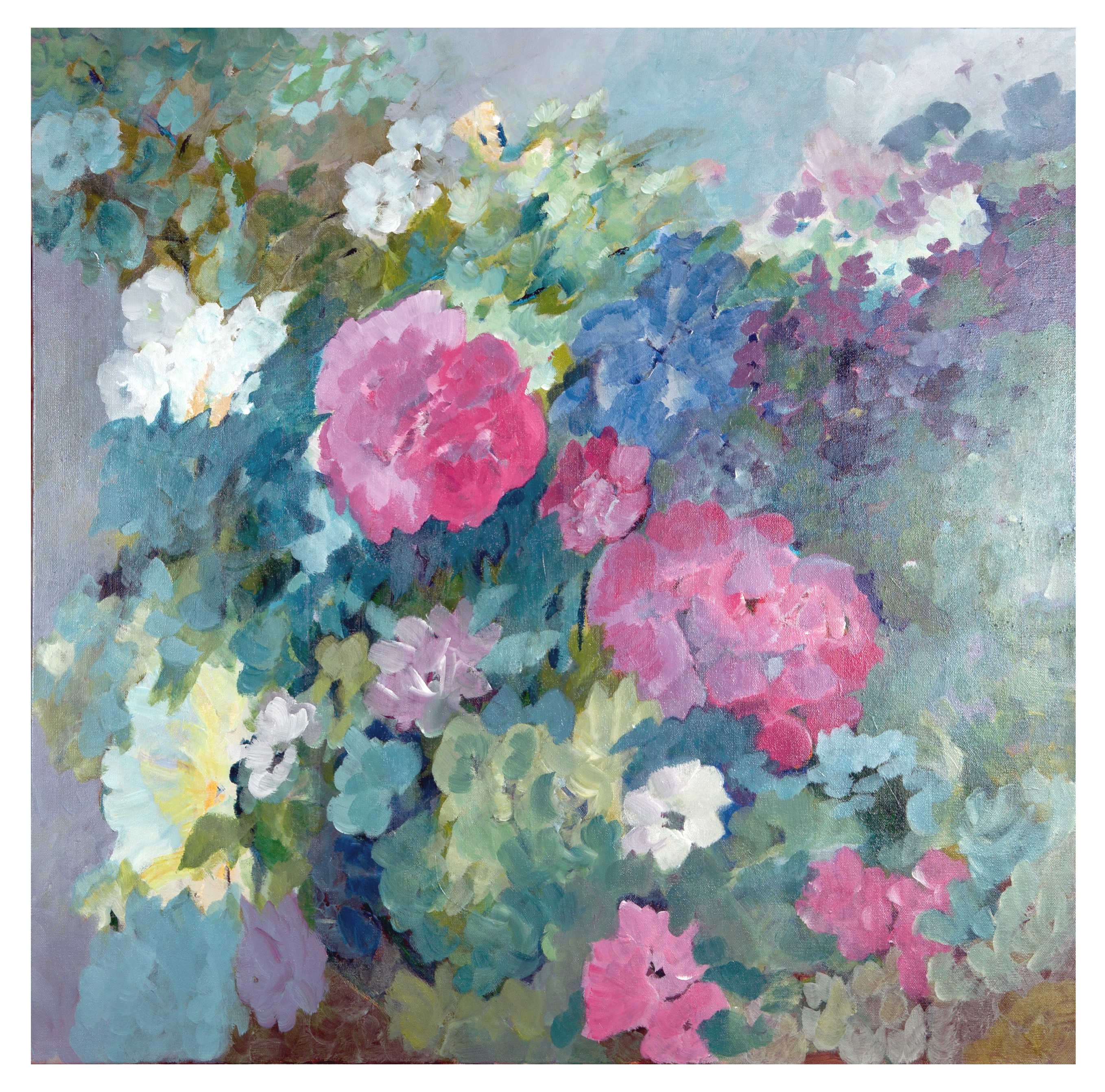 Peinture florale de Cathy Belle, fleurs roses, blanches et bleues
